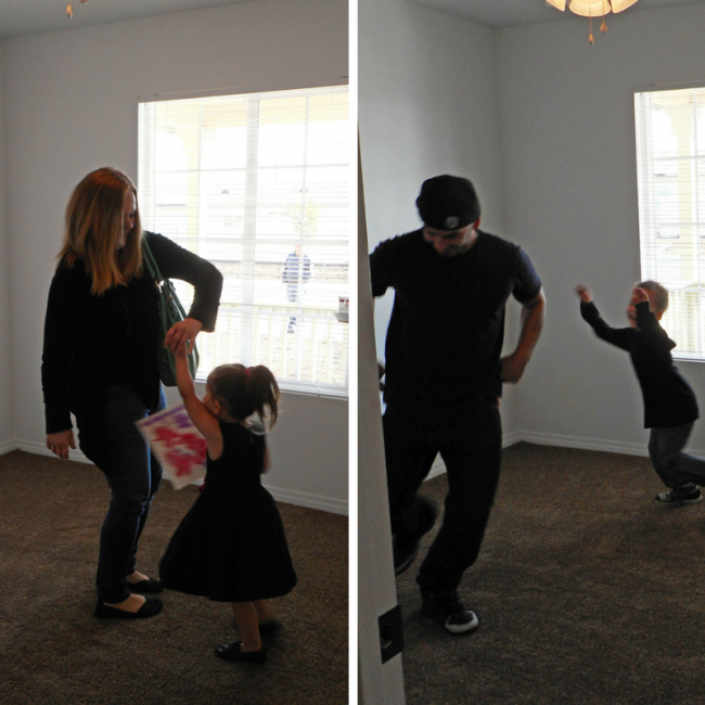 Roger and Rachel celebrated by dancing with their kids in their new rooms.